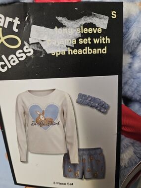 Kids Long Sleeve Pajama Set with Headband - Light Blue & Cream
